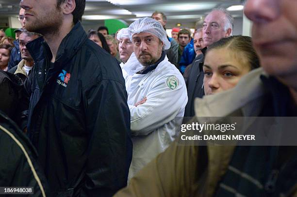 Employees of Tilly-Sabco, a chicken slaughterhouse entreprise knowing financial difficulties, attend a general assembly on November 5 in Guerlesquin....