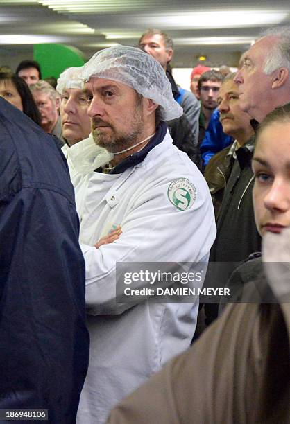 Employees of Tilly-Sabco, a chicken slaughterhouse entreprise knowing financial difficulties, attend a general assembly on November 5 in Guerlesquin....