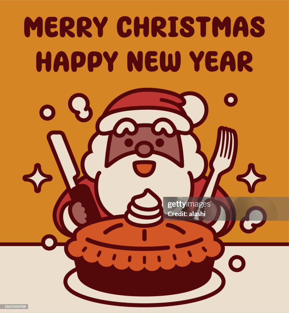 Adorable black Santa Claus with a knife and a fork in his hand is ready to eat a pumpkin or apple pie, I wish you a Merry Christmas and a Happy New Year