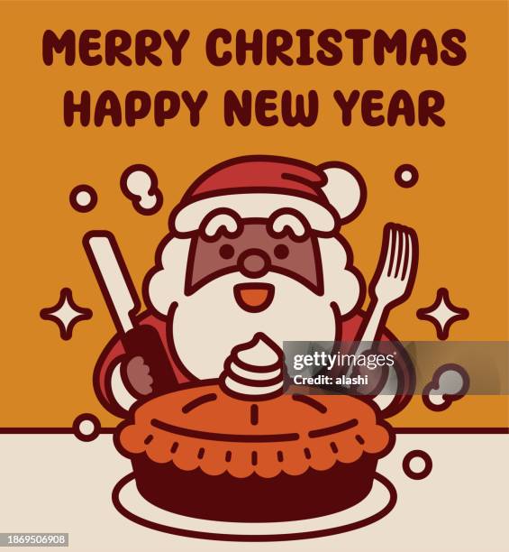 adorable black santa claus with a knife and a fork in his hand is ready to eat a pumpkin or apple pie, i wish you a merry christmas and a happy new year - cream cheese knife stock illustrations