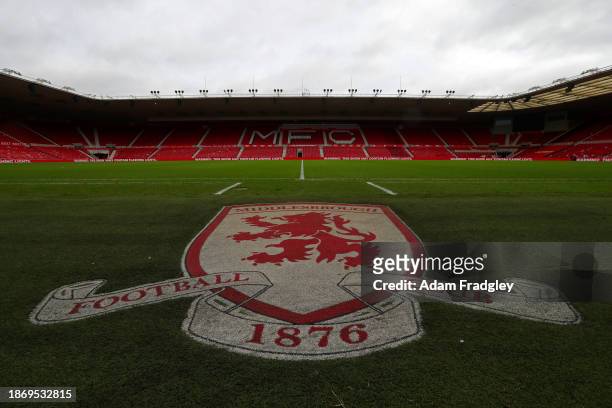 General view of the pitch from the half way line infront of a club crest / badge ahead of the Sky Bet Championship match between Middlesbrough and...