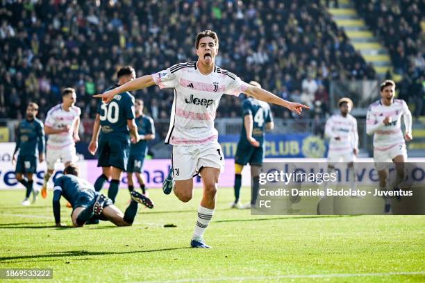 Kenan Yildiz of Juventus celebrates 0-1 goal during the Serie A TIM match between Frosinone Calcio and Juventus at Stadio Benito Stirpe on December...