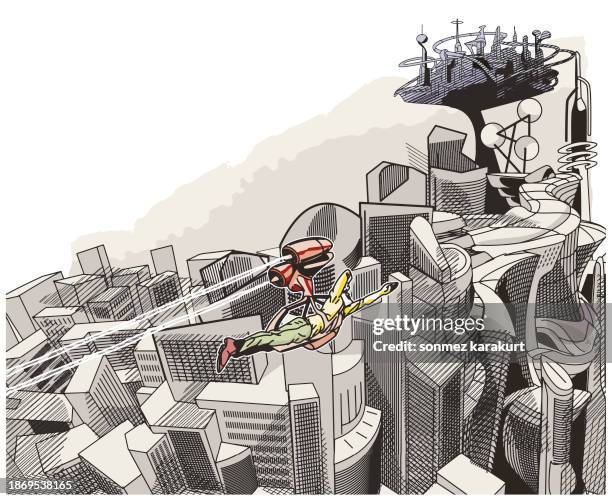 futuristic city and flying man - jet pack stock illustrations