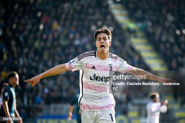 Kenan Yildiz of Juventus celebrates 0-1 goal during the Serie A TIM match between Frosinone Calcio and Juventus at Stadio Benito Stirpe on December...