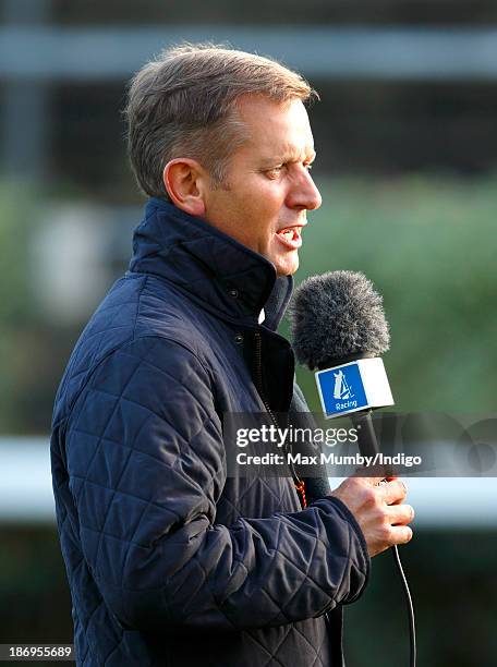 Jeremy Kyle does a piece to camera for Channel 4 Racing as he attends the United House Group Day at Ascot Racecourse on November 2, 2013 in Ascot,...