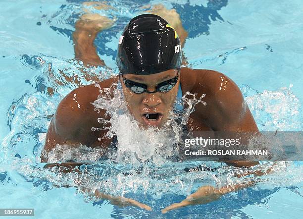 Alia Atkinson of Jamaica swims in the women's 100m Breathstroke finals during the FINA Swimming World Cup short-course swim in Singapore on November...