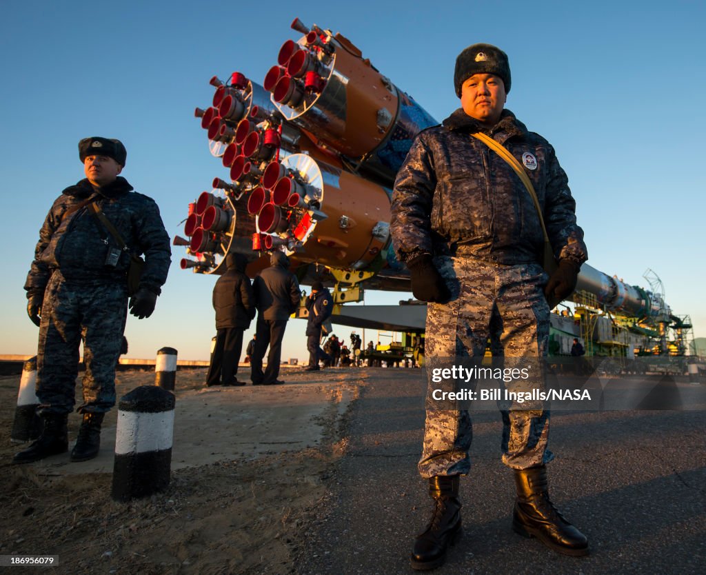 The Soyuz TMA-11M rocket, adorned with the logo of the Sochi Olympic Organizing Committee