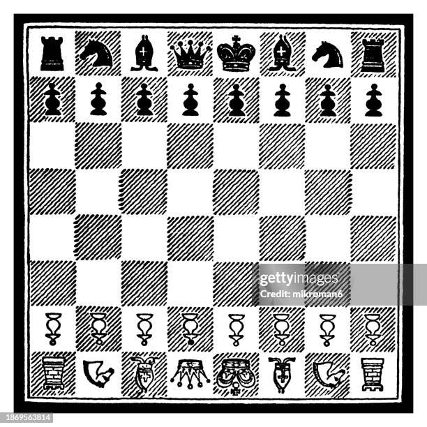 old engraved illustration of chess board - rook chess piece stock pictures, royalty-free photos & images