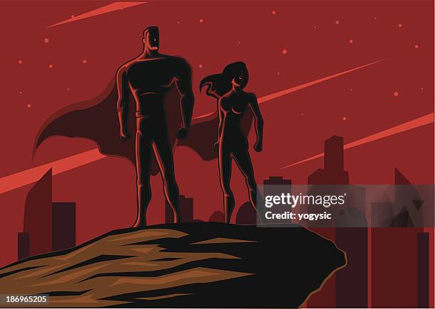 superhero couple retro style - tall person stock illustrations