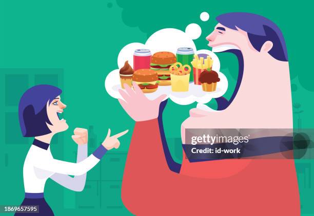 stockillustraties, clipart, cartoons en iconen met woman blaming fat man who thinking and eating junk food - funny fat women