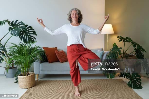 smiling woman practicing yoga standing on one leg at home - boa postura imagens e fotografias de stock