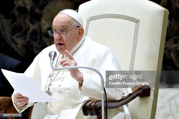 Pope Francis attends his Wednesday’s General Audience at the Paul VI Hall on December 20, 2023 in Vatican City, Vatican. Speaking after his weekly...