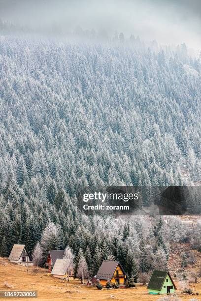 beautiful mountain village under the cloudy sky in winter with frosty pinewood - serbia village stock pictures, royalty-free photos & images