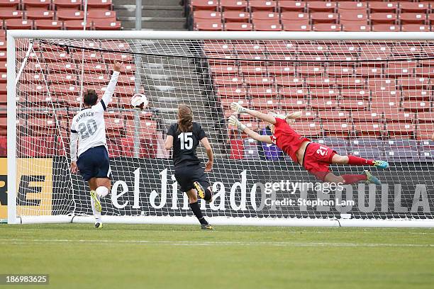 Forward Abby Wambach of the U.S. Women's National Team celebrates a goal by teammate midfielder Heather O'Reilly as goalkeeper Erin Nayler of New...