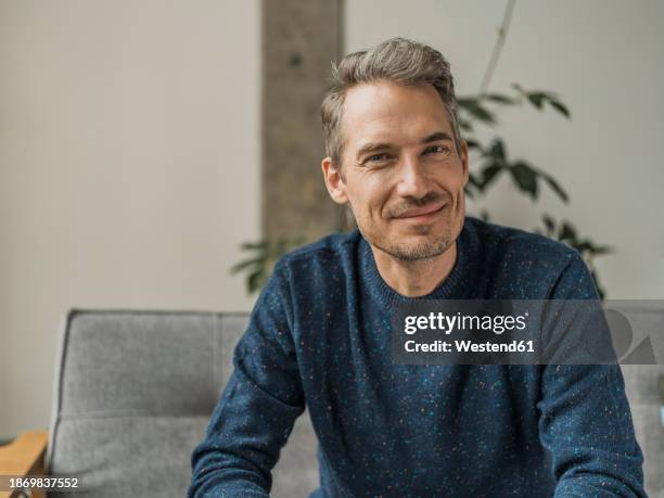 smiling man wearing blue t-shirt sitting at home - t 45 stock pictures, royalty-free photos & images