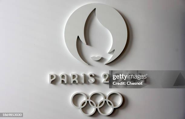 The logo, Paris 2024 representing the Olympic Games is displayed at the headquarters of the Paris 2024 Olympics on December 20, 2023 in Saint-Denis,...