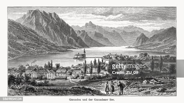 lake traunsee and gmunden, upper austria, wood engraving, published 1894 - gmunden austria stock illustrations