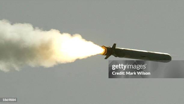 Tomahawk cruise missile flies toward Iraq after being launched from the AEGIS guided missile cruiser USS San Jacinto March 25, 2003 in the Red Sea.