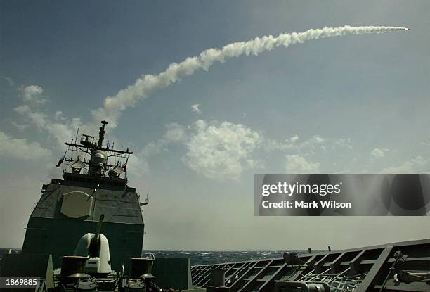 Tomahawk cruise missile flies toward Iraq after being launched from the AEGIS guided missile cruiser USS San Jacinto March 25, 2003 in the Red Sea.