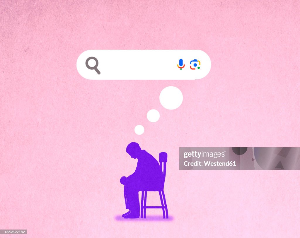 Man sitting on chair with search bar as thought bubble