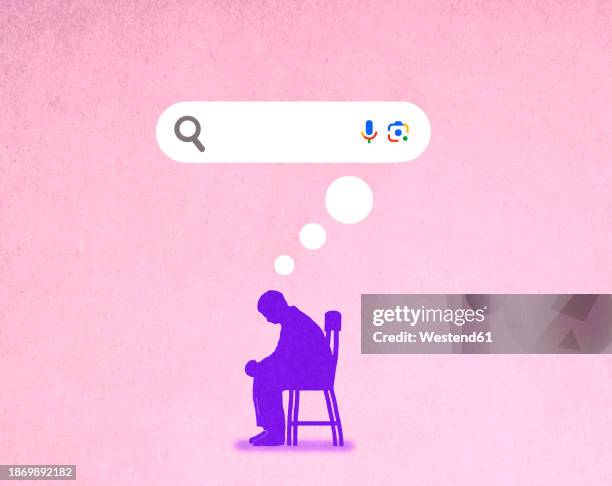 ilustraciones, imágenes clip art, dibujos animados e iconos de stock de man sitting on chair with search bar as thought bubble - motor de búsqueda