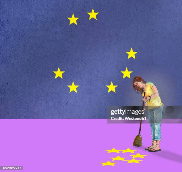 woman sweeping up stars fallen fromeuropean union flag - star space stock illustrations