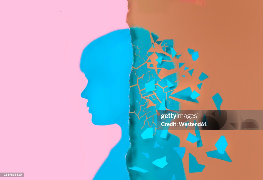 Illustration of silhouette of disintegrating woman