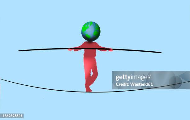 stockillustraties, clipart, cartoons en iconen met man with planet earth instead of head walking along tightrope with pole in hands - klimaat