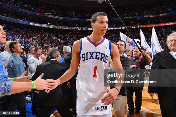 Michael Carter-Williams of the Philadelphia 76ers greets the fans against the Miami Heat at the Wells Fargo Center on October 30, 2013 in...