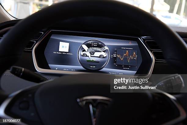 View of the dashboard in a new Tesla Model S car at a Tesla showroom on November 5, 2013 in Palo Alto, California. Tesla will report third quarter...