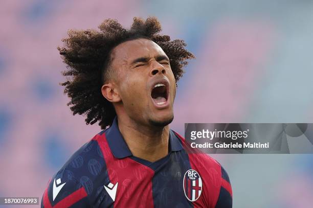 Joshua Zirkzee of Bologna FC reacts during the Serie A TIM match between Bologna FC and Atalanta BC at Stadio Renato Dall'Ara on December 23, 2023 in...