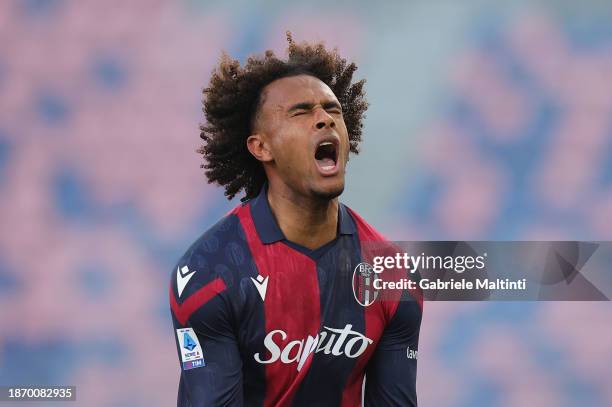 Joshua Zirkzee of Bologna FC reacts during the Serie A TIM match between Bologna FC and Atalanta BC at Stadio Renato Dall'Ara on December 23, 2023 in...