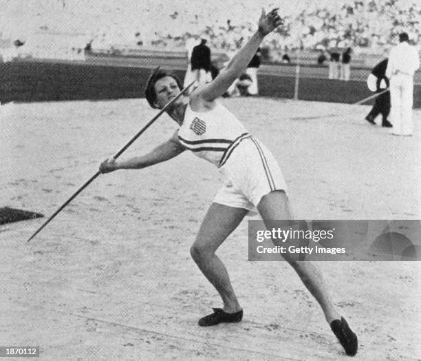 Mildred Babe Didrikson of the USA throws the javelin to win the gold medal during the Women's Track and Field javelin event at the 1932 Summer...