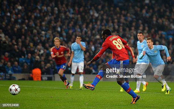 Seydou Doumbia of CSKA scores his team's second goal from a penalty during the UEFA Champions League Group D match between Manchester City and CSKA...