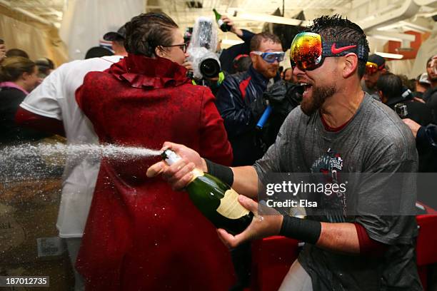 Jacoby Ellsbury of the Boston Red Sox celebrates in the locker room after defeating the St. Louis Cardinals 6-1 in Game Six of the 2013 World Series...