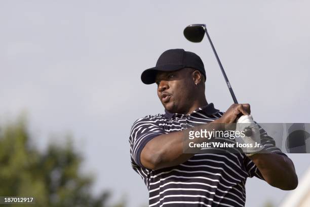 Where Are They Now: Closeup portrait of former MLB and NFL athlete Bo Jackson playing golf at Ruffled Feathers GC. Jackson retired from professional...