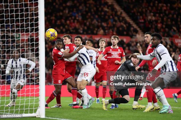 Okay Yokuslu of West Bromwich Albion watches his attempt at goal hit the post during the Sky Bet Championship match between Middlesbrough and West...