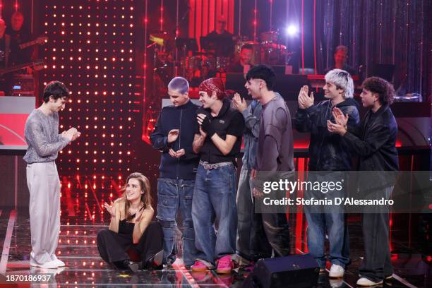 Clara is celebrated by her teammates after winning Sanremo Giovani during Sanremo Giovani 2023 Tv Show at Casinò di Sanremo on December 19, 2023 in...