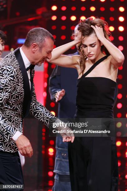 Clara is celebrated by Amadeus after winning Sanremo Giovani during Sanremo Giovani 2023 Tv Show at Casinò di Sanremo on December 19, 2023 in...