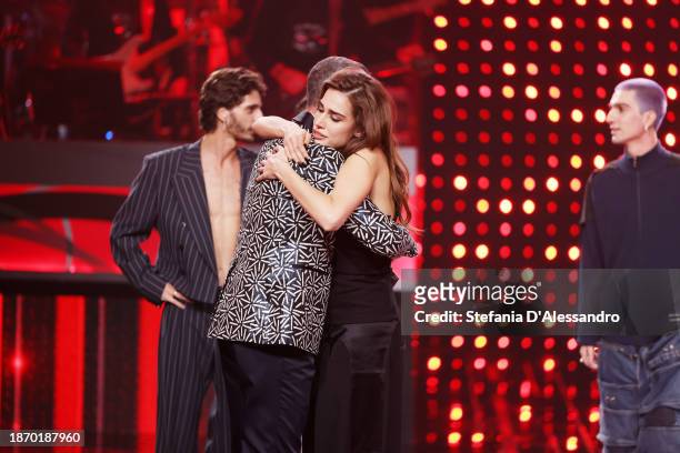 Clara is celebrated by Amadeus after winning Sanremo Giovani during Sanremo Giovani 2023 Tv Show at Casinò di Sanremo on December 19, 2023 in...