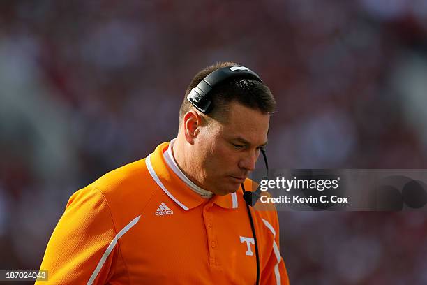 Head coach Butch Jones of the Tennessee Volunteers against the Alabama Crimson Tide at Bryant-Denny Stadium on October 26, 2013 in Tuscaloosa,...