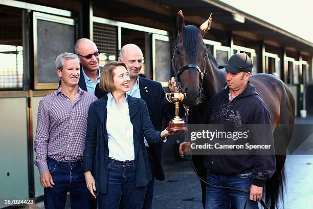 Trainer Gai Waterhouse poses with managing owner Andrew Roberts , their Melbourne Cup winning horse Fiorente and strapper Des Fisher at the Gai...