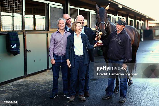Trainer Gai Waterhouse poses with managing owner Andrew Roberts , their Melbourne Cup winning horse Fiorente and strapper Des Fisher at the Gai...