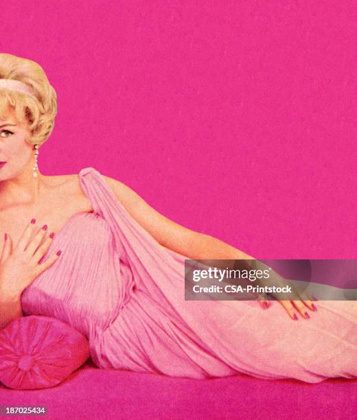 woman in pink dress reclining - evening dress stock illustrations