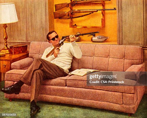 stockillustraties, clipart, cartoons en iconen met man wearing sunglasses and holding gun - jager