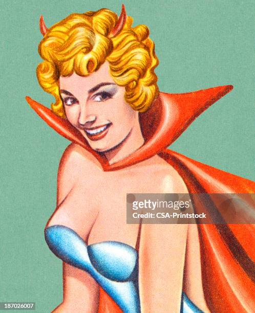 close up of woman with horns and cape - glamour model stock illustrations