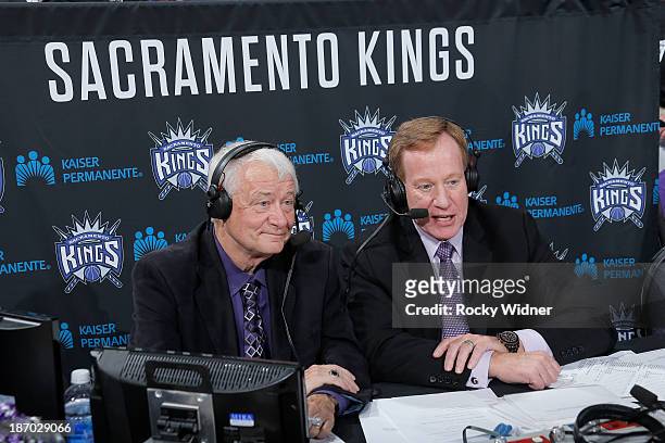 Sacramento Kings broadcasters Jerry Reynolds and Grant Napear during the game between the Denver Nuggets and Sacramento Kings on October 30, 2013 at...