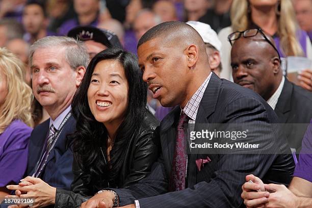 Sacramento Mayor Kevin Johnson and wife, Michelle Rhee during the game between the Denver Nuggets and Sacramento Kings on October 30, 2013 at Sleep...