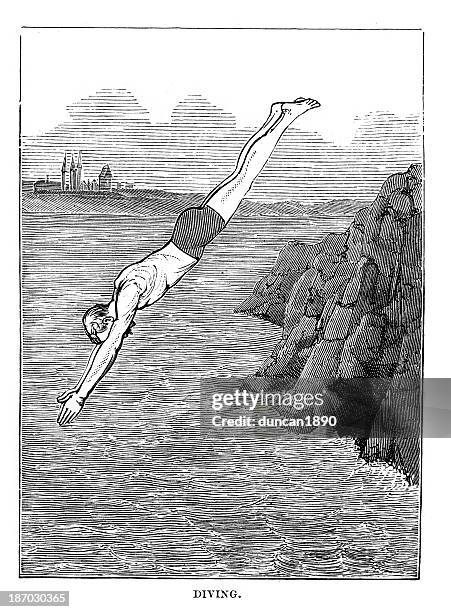 victorian diving - woodcut stock illustrations