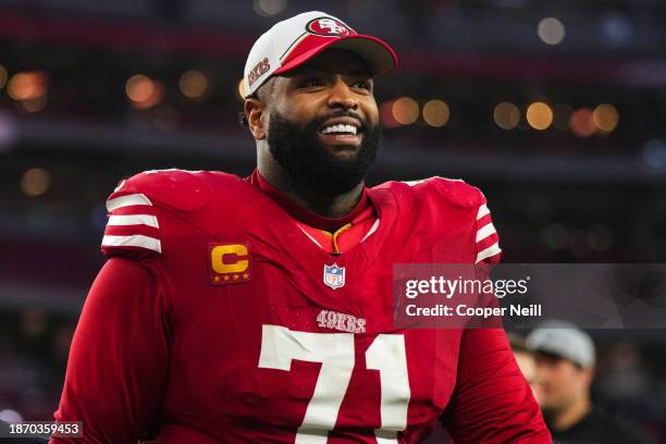 Trent Williams of the San Francisco 49ers walks off of the field after an NFL football game against the Arizona Cardinals at State Farm Stadium on...